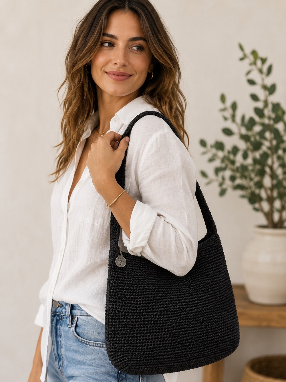 The Sak Black Crochet Hobo Bag Boho Knit Shoulder Purse Zip Closure